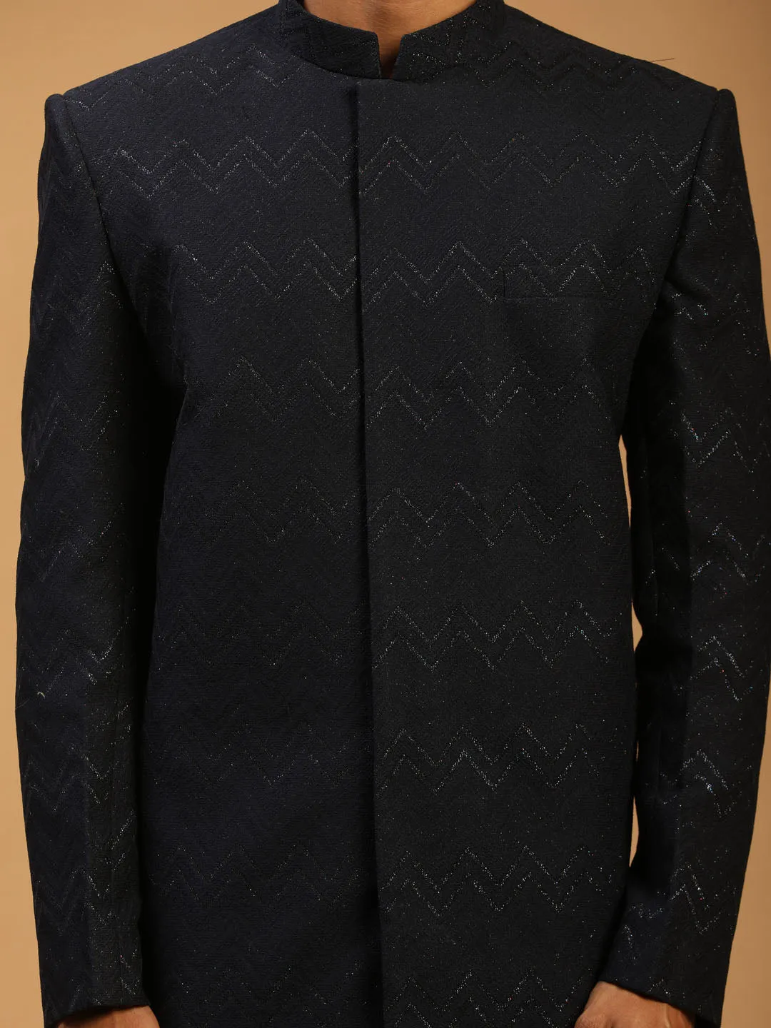 Vastramay Navy Blue Glitter Sherwani