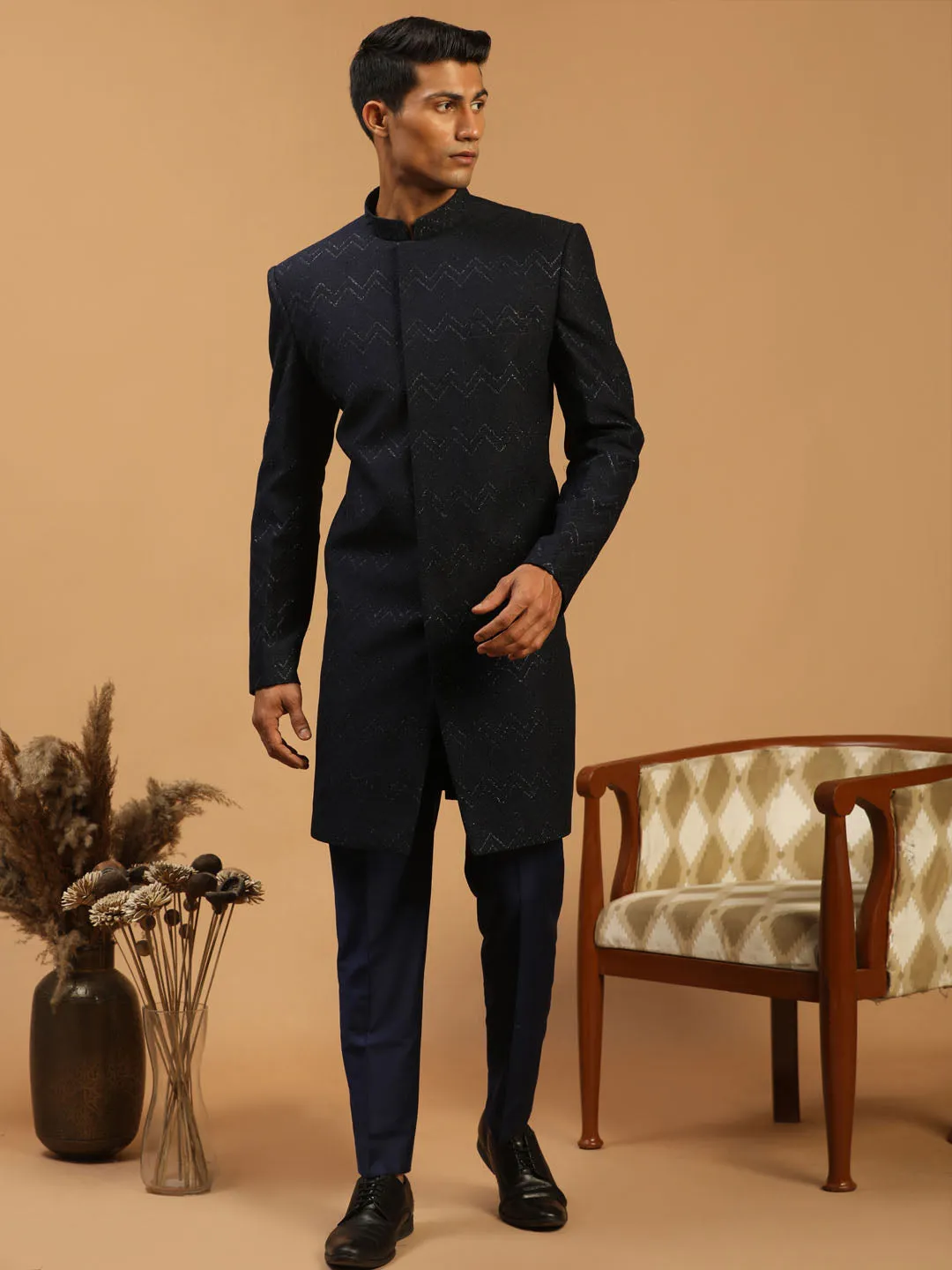 Vastramay Navy Blue Glitter Sherwani