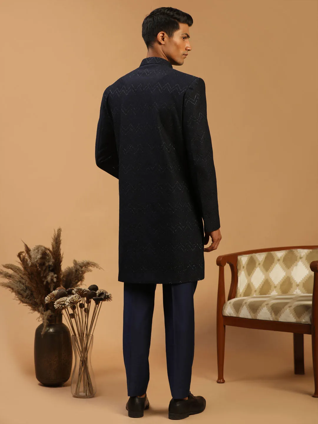 Vastramay Navy Blue Glitter Sherwani