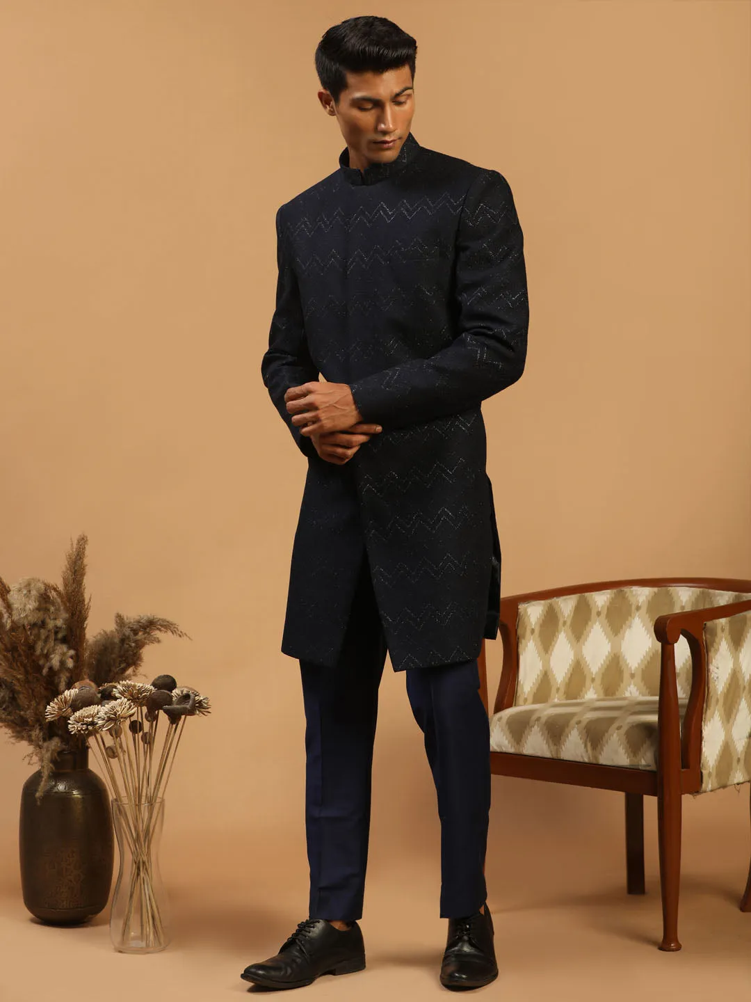 Vastramay Navy Blue Glitter Sherwani