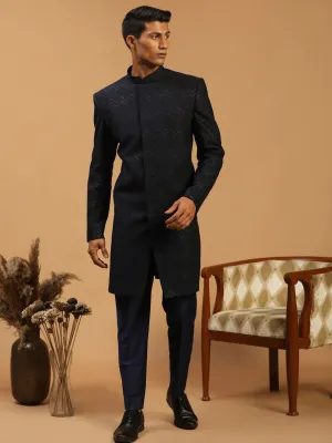 Vastramay Navy Blue Glitter Sherwani