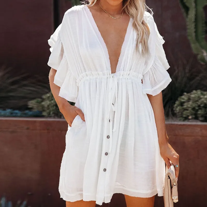 VenusFox Bikini Cover-ups White Tunic Sexy V-neck Butterfly Sleeve Summer Beach Wear Mini Dress Plus Size Women Swimsuit Cover Up D0