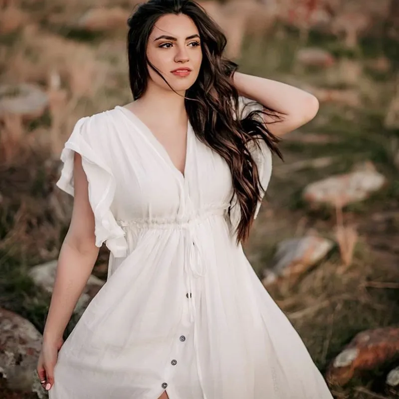 VenusFox Bikini Cover-ups White Tunic Sexy V-neck Butterfly Sleeve Summer Beach Wear Mini Dress Plus Size Women Swimsuit Cover Up D0