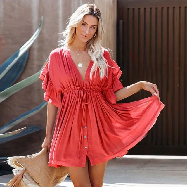 VenusFox Bikini Cover-ups White Tunic Sexy V-neck Butterfly Sleeve Summer Beach Wear Mini Dress Plus Size Women Swimsuit Cover Up D0