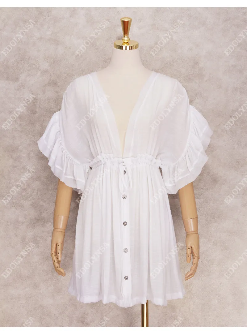 VenusFox Bikini Cover-ups White Tunic Sexy V-neck Butterfly Sleeve Summer Beach Wear Mini Dress Plus Size Women Swimsuit Cover Up D0