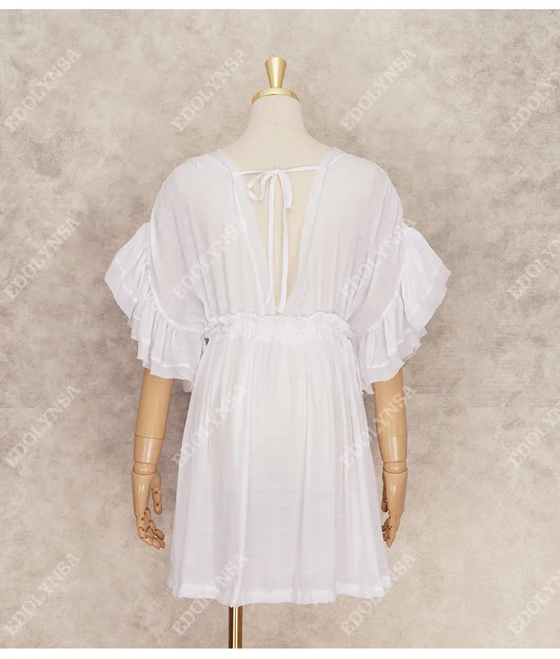 VenusFox Bikini Cover-ups White Tunic Sexy V-neck Butterfly Sleeve Summer Beach Wear Mini Dress Plus Size Women Swimsuit Cover Up D0