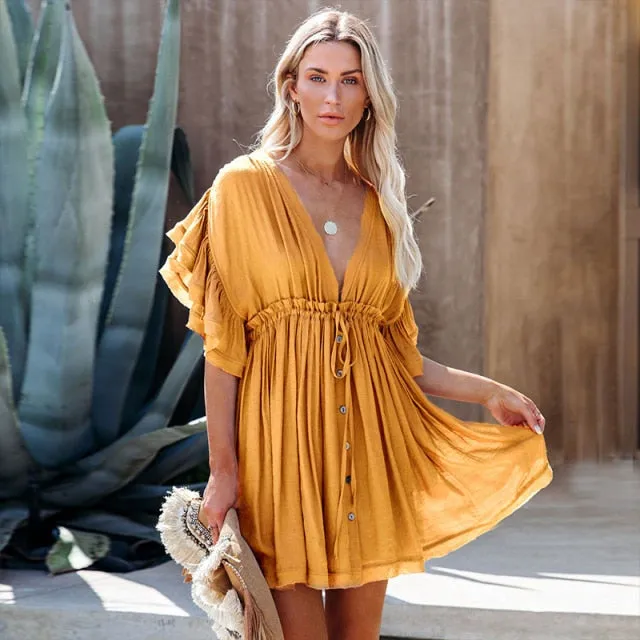 VenusFox Bikini Cover-ups White Tunic Sexy V-neck Butterfly Sleeve Summer Beach Wear Mini Dress Plus Size Women Swimsuit Cover Up D0