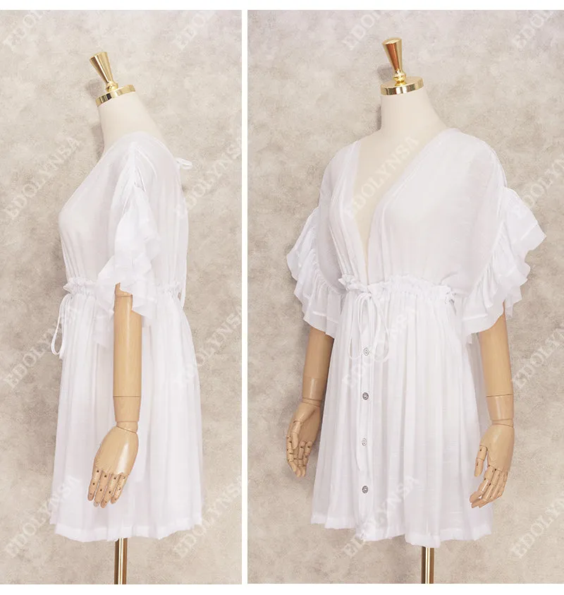 VenusFox Bikini Cover-ups White Tunic Sexy V-neck Butterfly Sleeve Summer Beach Wear Mini Dress Plus Size Women Swimsuit Cover Up D0