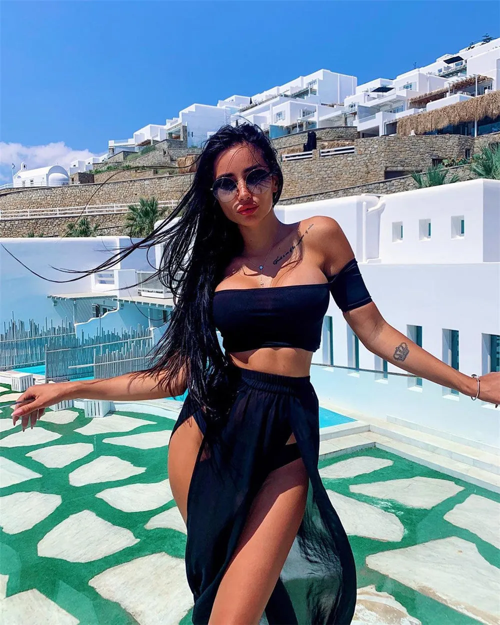 VenusFox Two Piece Dress Swimwear Swimsuit Bikini Beach Cover Up Women Summer Ladies Bathing Suit Solid Wear