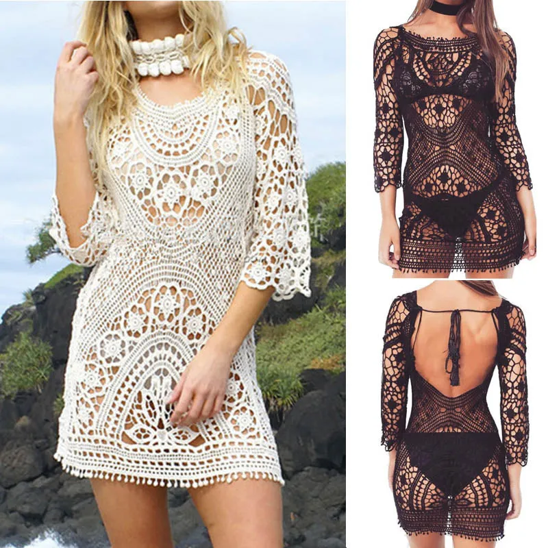 VenusFox Women Lace Solid Beach Dress Bikini Cover Up Summer Bathing Suit Hallow Out Crochet Swimwear One Size