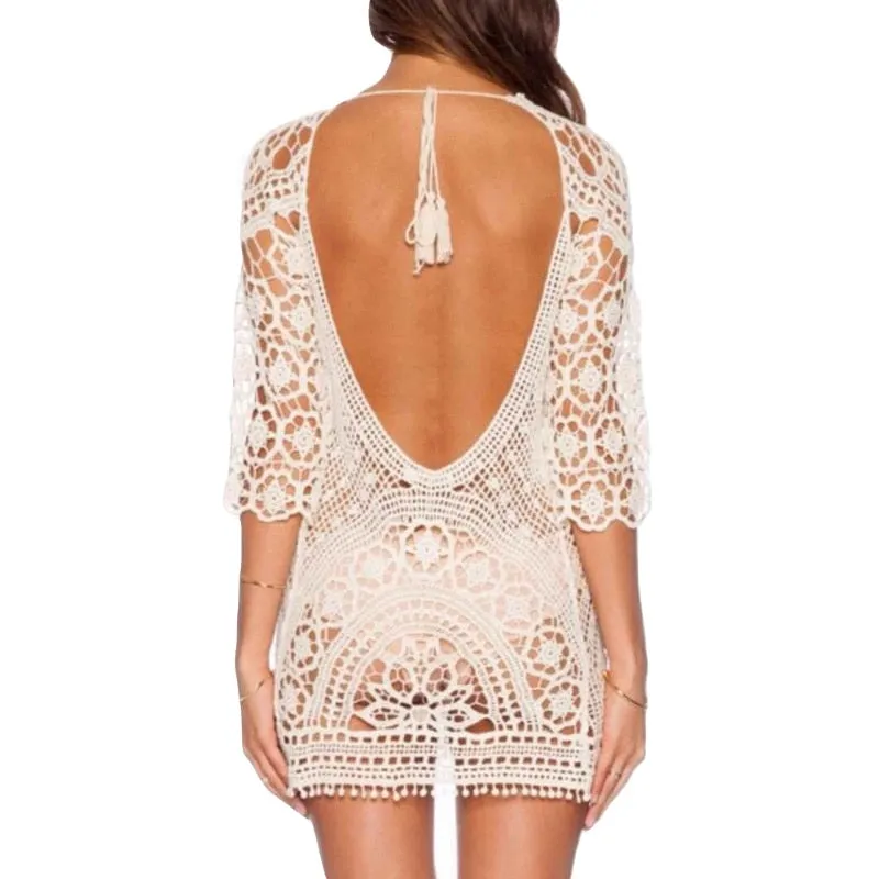 VenusFox Women Lace Solid Beach Dress Bikini Cover Up Summer Bathing Suit Hallow Out Crochet Swimwear One Size