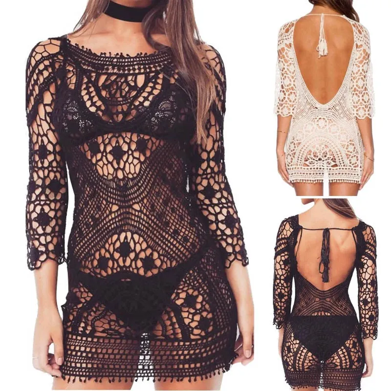 VenusFox Women Lace Solid Beach Dress Bikini Cover Up Summer Bathing Suit Hallow Out Crochet Swimwear One Size