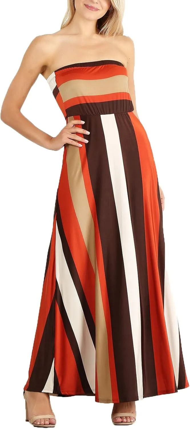 Vertical Striped Strapless Knit Dress with a Horizontal Striped Bodice and a Flared Skirt.D204-st