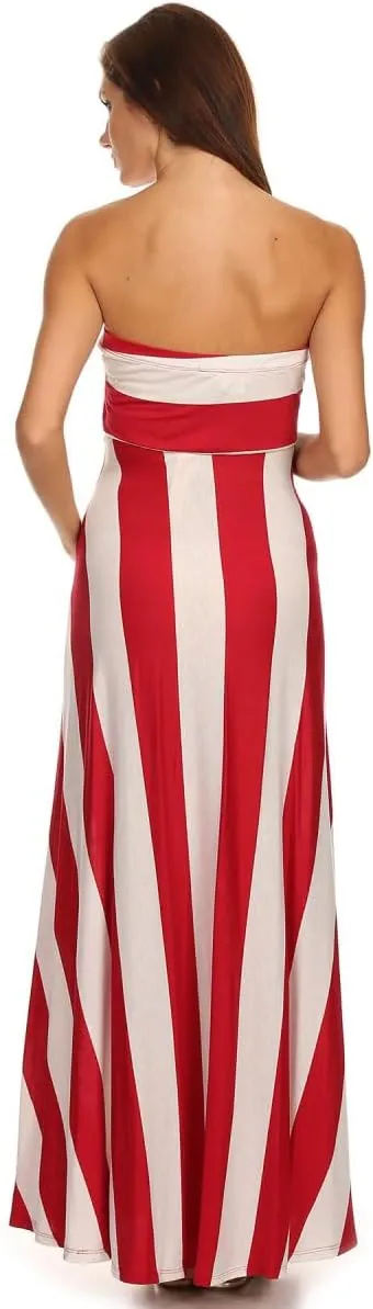 Vertical Striped Strapless Knit Dress with a Horizontal Striped Bodice and a Flared Skirt.D204-st