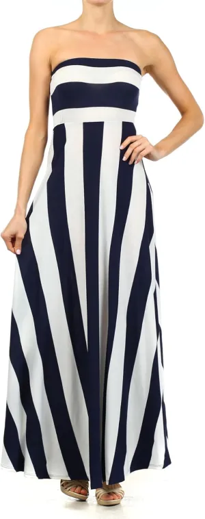Vertical Striped Strapless Knit Dress with a Horizontal Striped Bodice and a Flared Skirt.D204-st