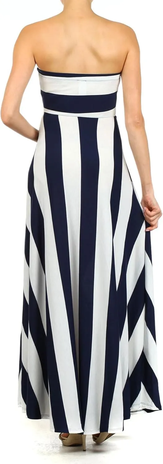 Vertical Striped Strapless Knit Dress with a Horizontal Striped Bodice and a Flared Skirt.D204-st