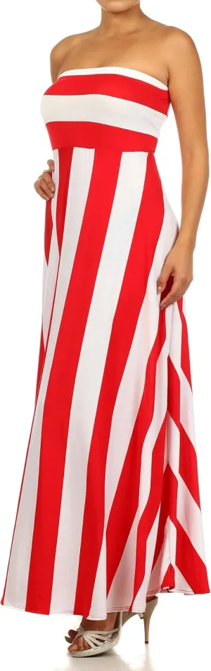 Vertical Striped Strapless Knit Dress with a Horizontal Striped Bodice and a Flared Skirt.D204-st