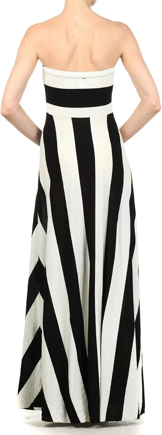 Vertical Striped Strapless Knit Dress with a Horizontal Striped Bodice and a Flared Skirt.D204-st