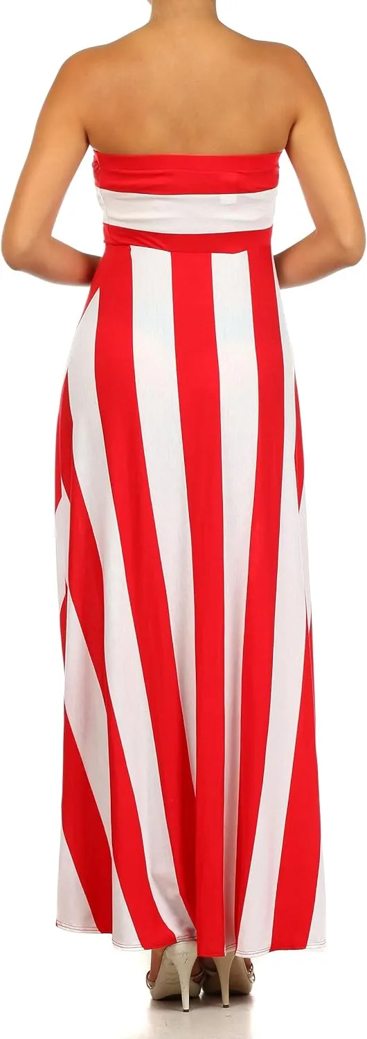 Vertical Striped Strapless Knit Dress with a Horizontal Striped Bodice and a Flared Skirt.D204-st