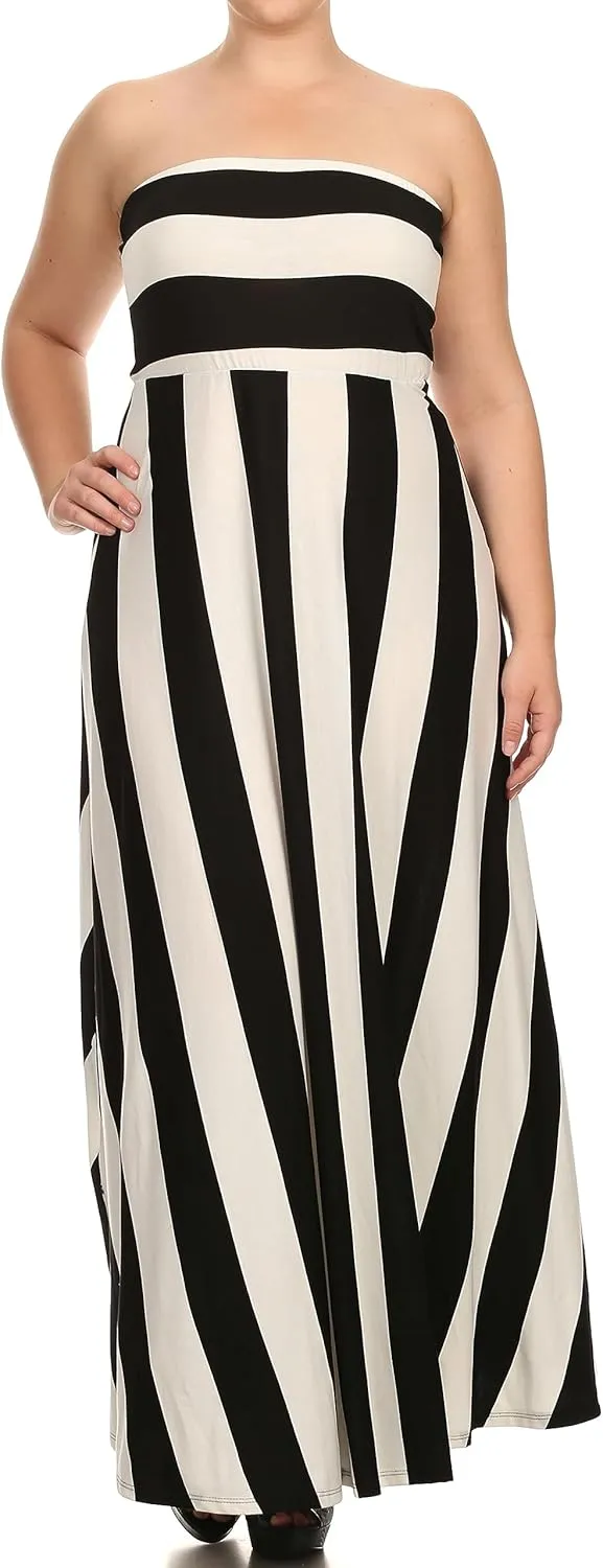 Vertical Striped Strapless Knit Dress with a Horizontal Striped Bodice and a Flared Skirt.D204-st