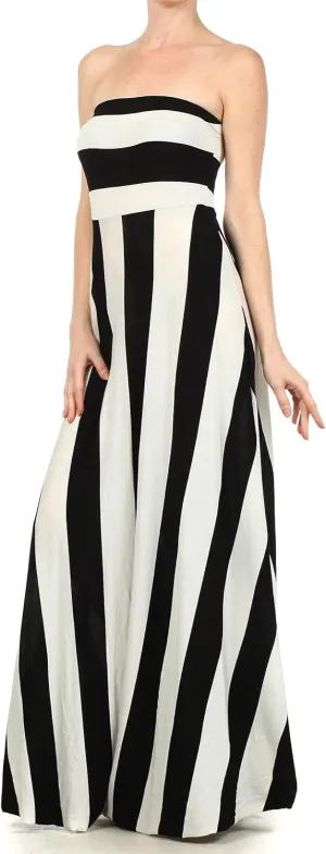Vertical Striped Strapless Knit Dress with a Horizontal Striped Bodice and a Flared Skirt.D204-st