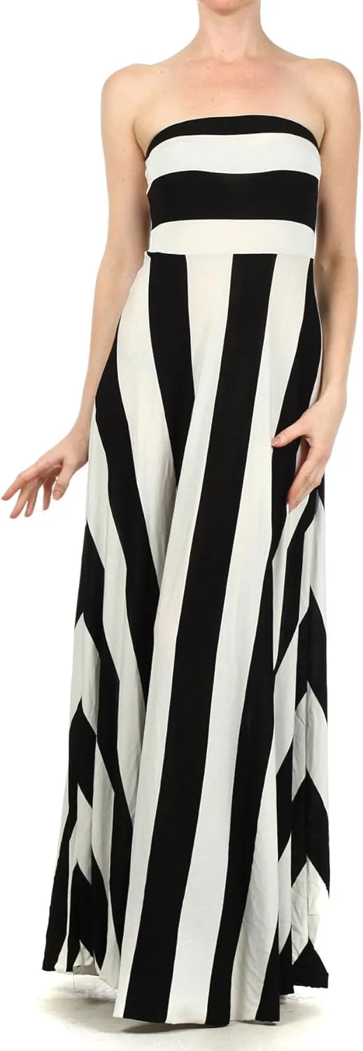Vertical Striped Strapless Knit Dress with a Horizontal Striped Bodice and a Flared Skirt.D204-st