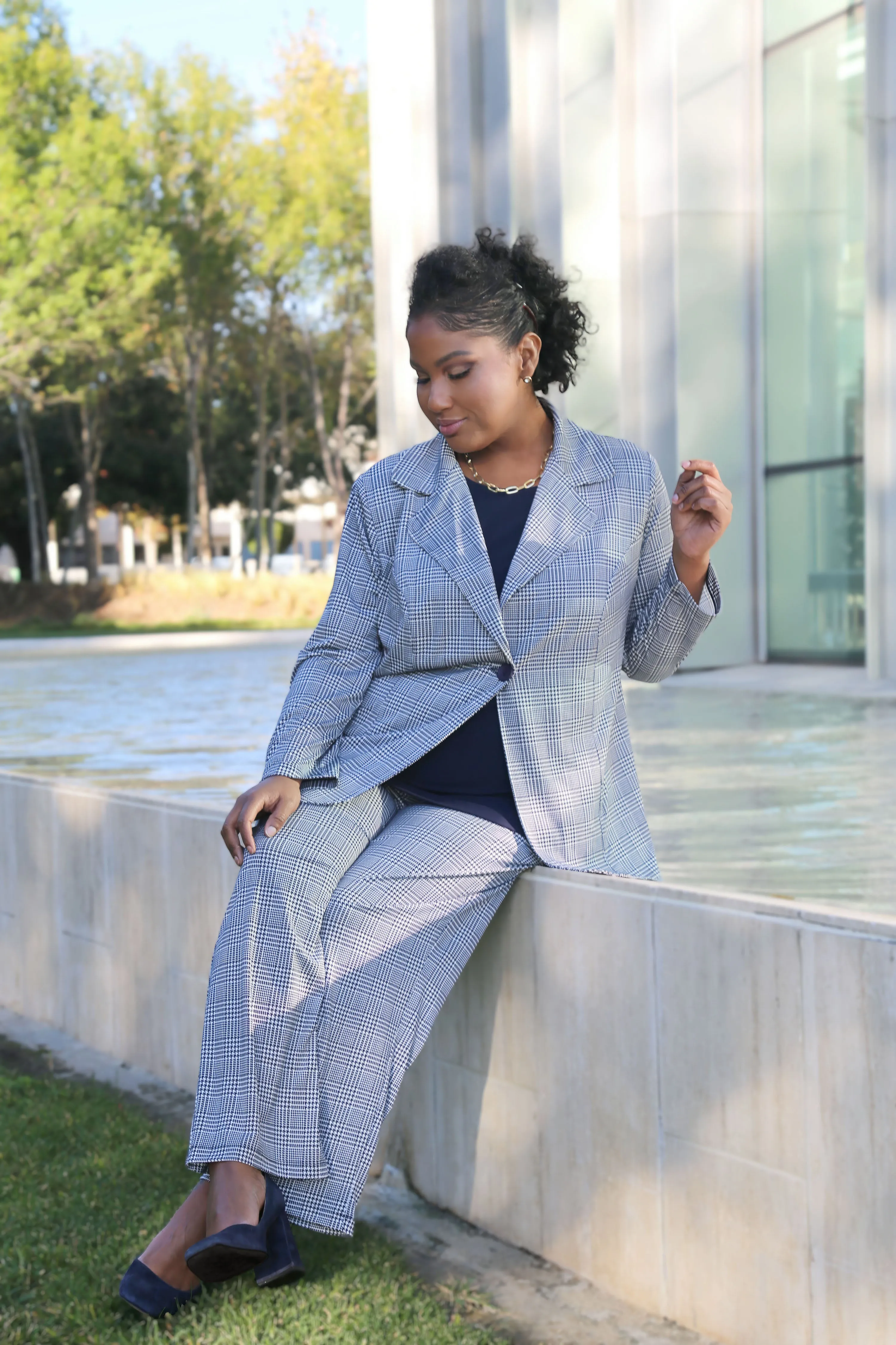 Vikki Vi Navy Plaid Blazer