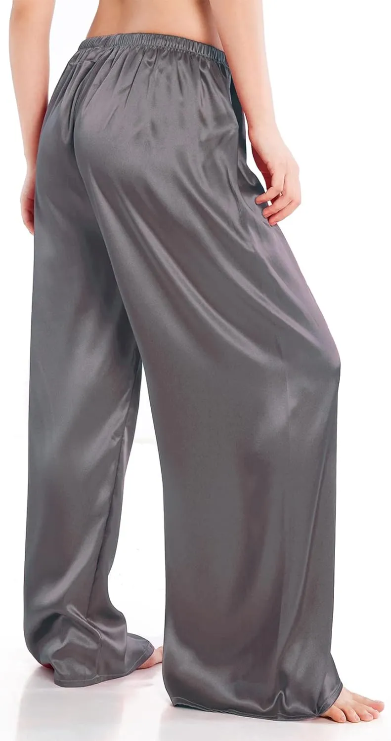 Wantschun Womens Wide Leg Pajama Pants Satin Silk Casual Loose Elastic Waist Lounge Pants Pj Bottoms