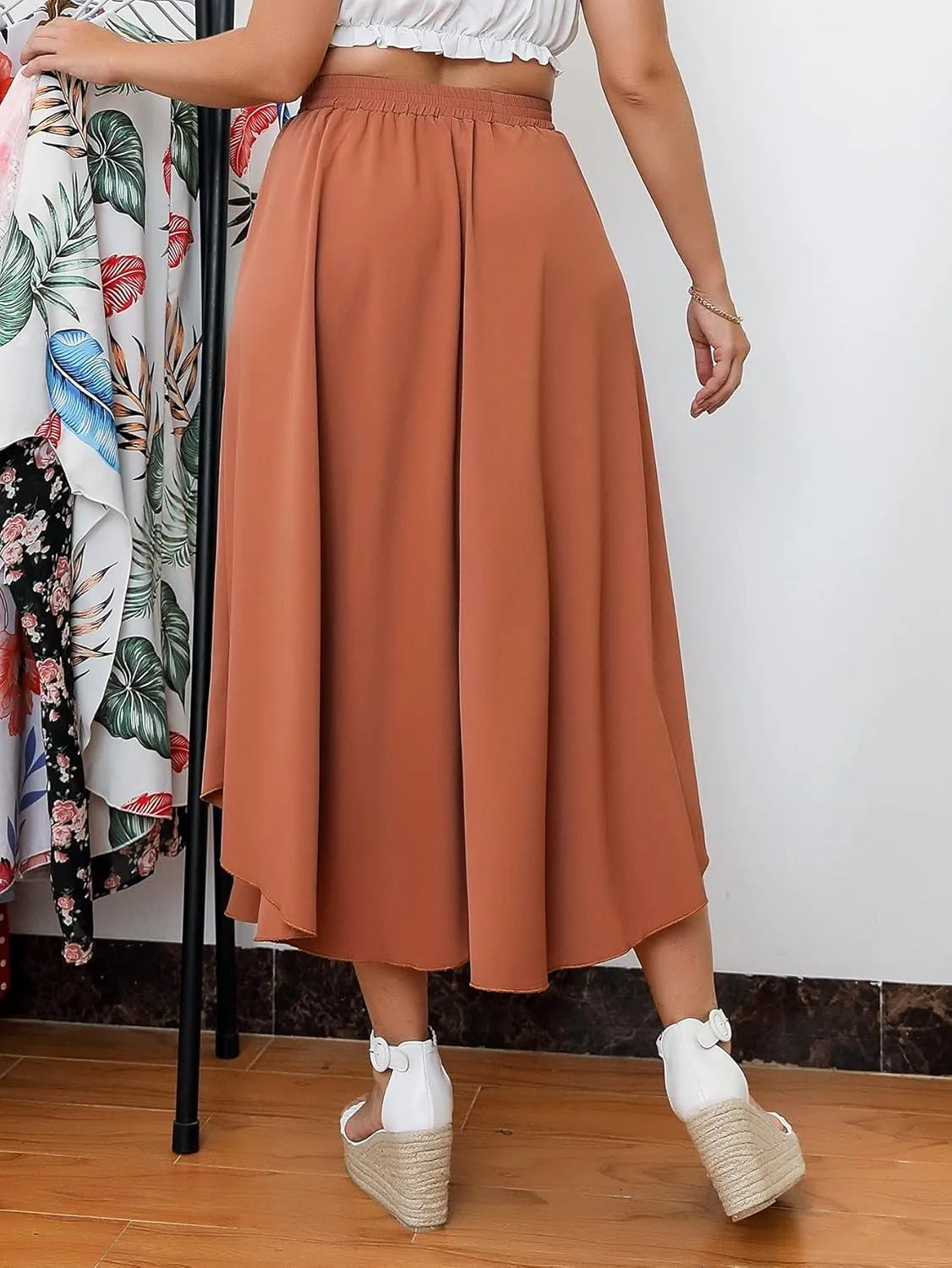 WDIRARA Women's Plus Size High Waist Flared Tie Front Casual Swing Skirt Maxi Draped Skirt for Women