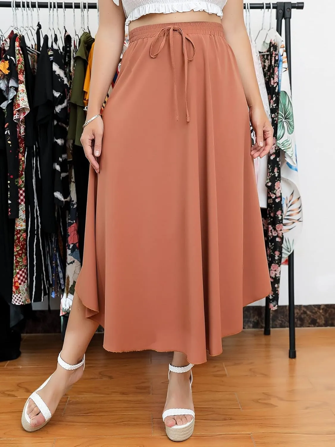 WDIRARA Women's Plus Size High Waist Flared Tie Front Casual Swing Skirt Maxi Draped Skirt for Women