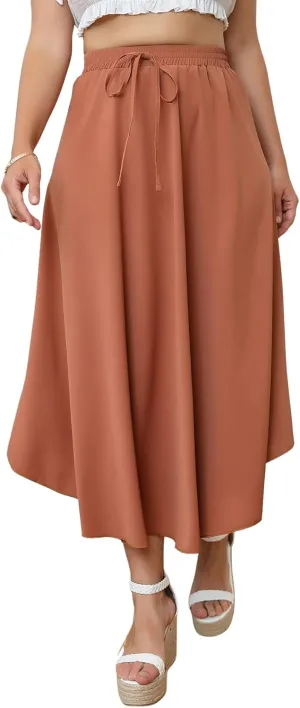 WDIRARA Women's Plus Size High Waist Flared Tie Front Casual Swing Skirt Maxi Draped Skirt for Women