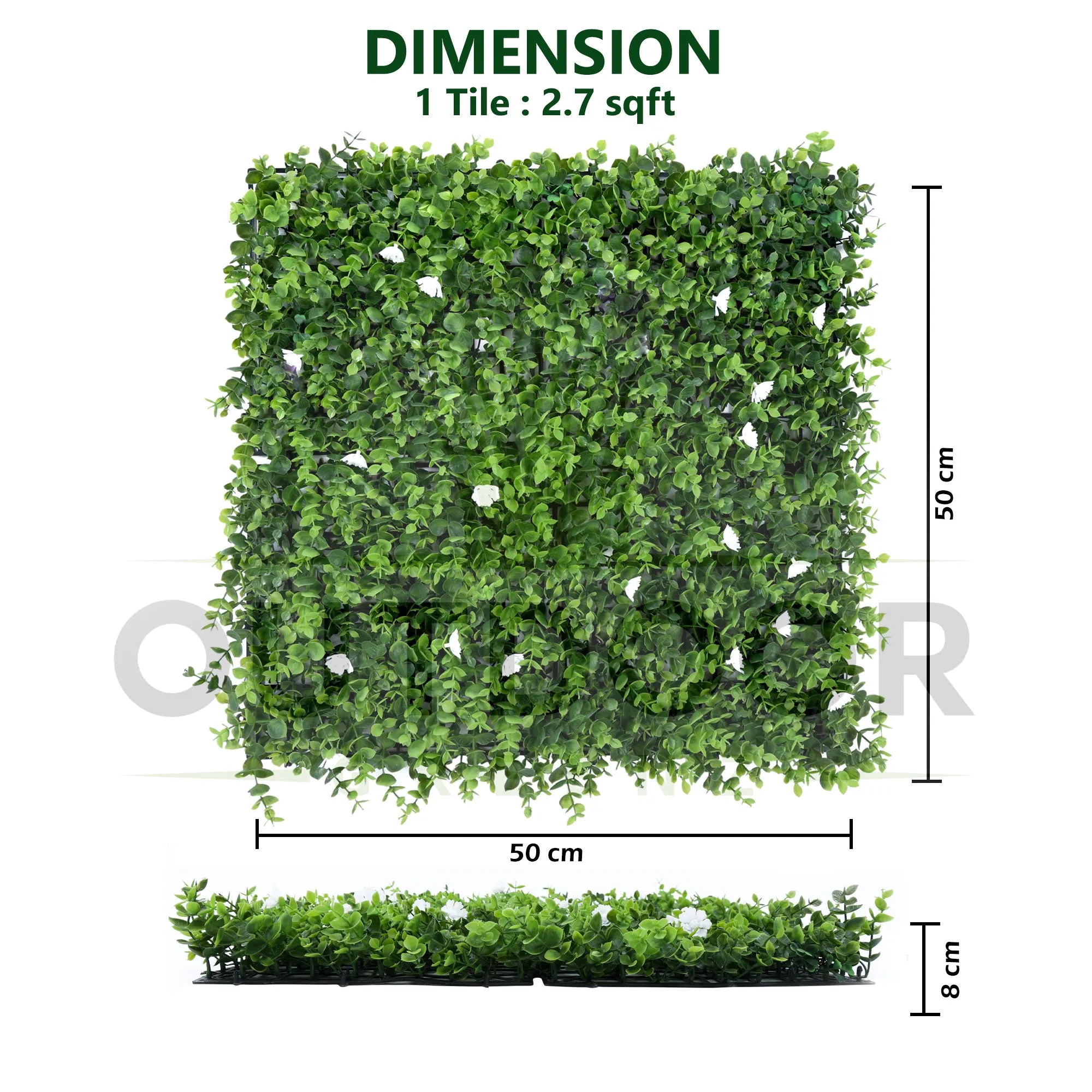 White Flowers with Long Green Leaves Artificial Vertical Garden Wall Tile (Size: 50cm x 50cm, Pack of 1)