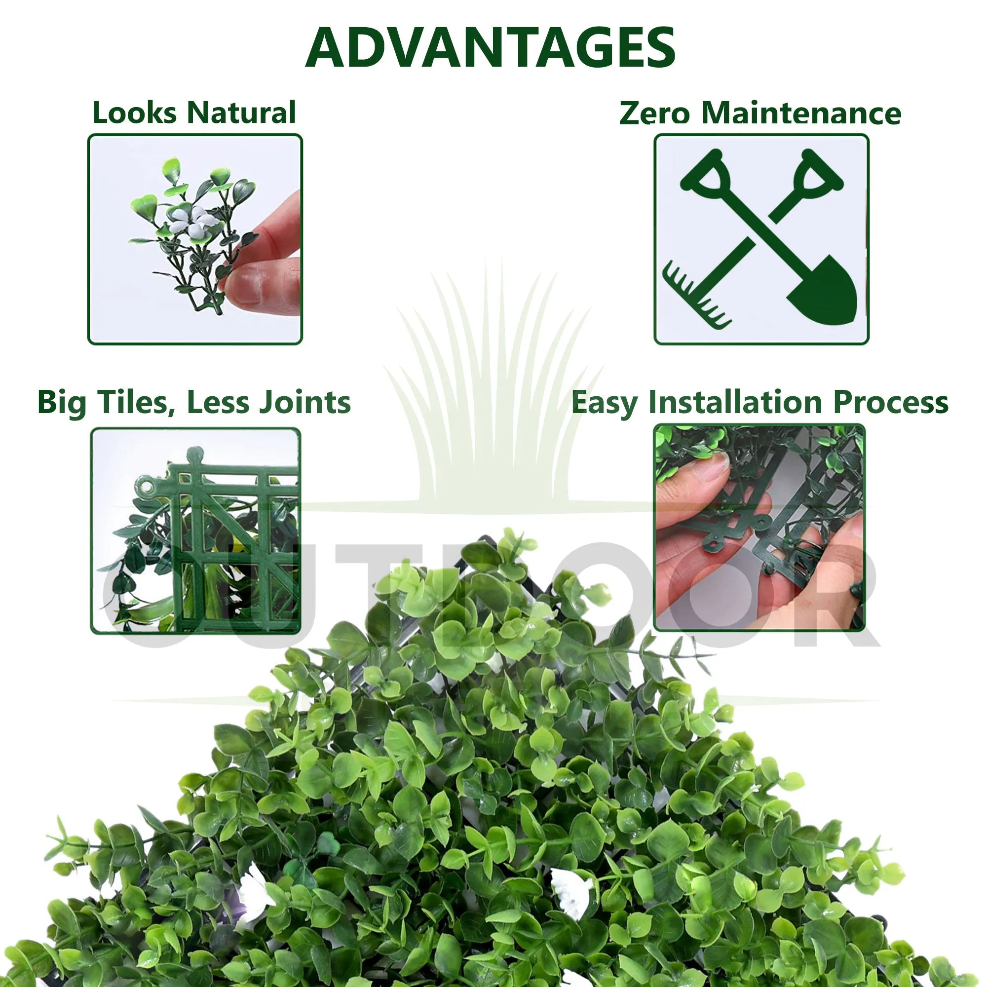 White Flowers with Long Green Leaves Artificial Vertical Garden Wall Tile (Size: 50cm x 50cm, Pack of 1)