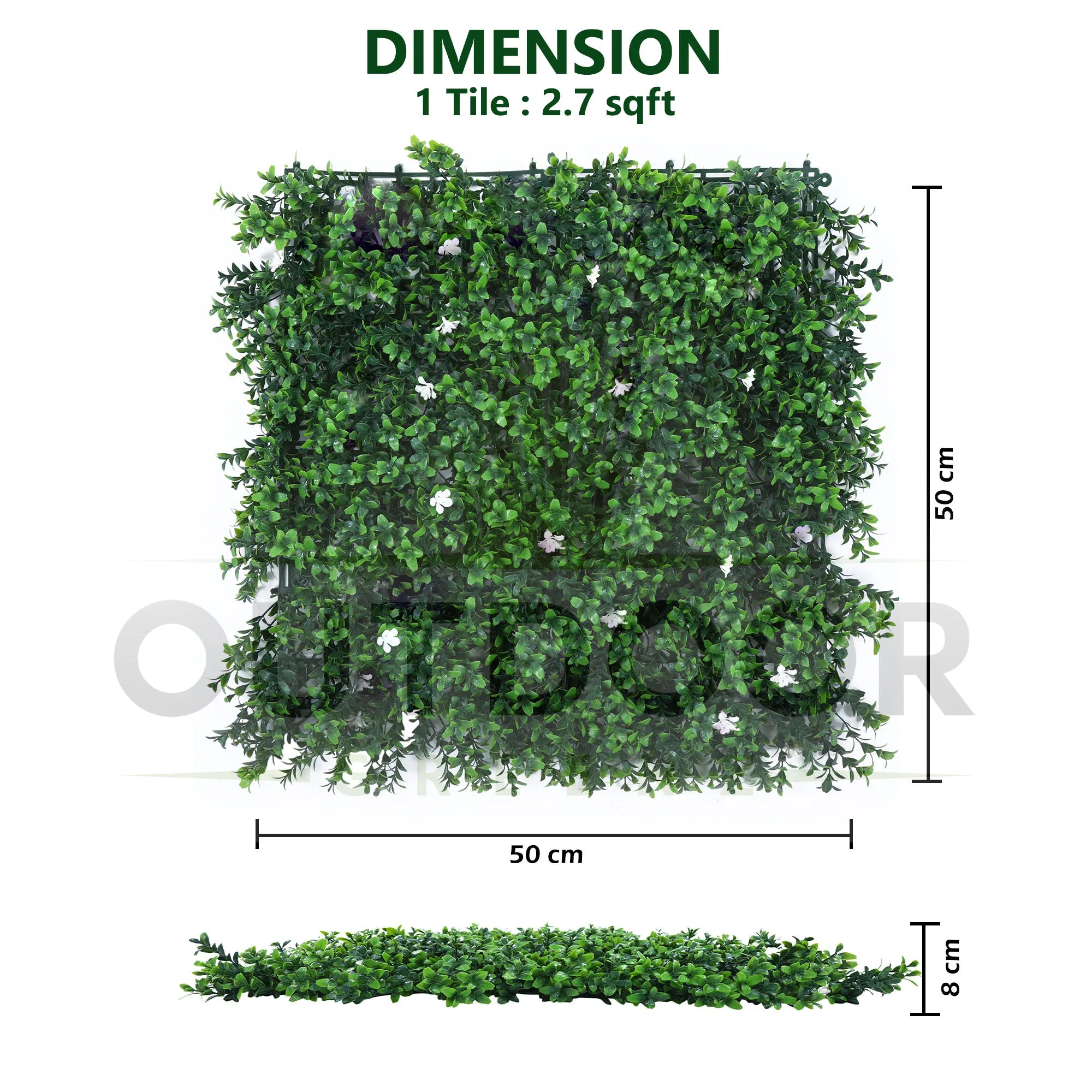 White Flowers with Lush Green Leaves Vertical Garden Wall Tile (Size: 50cm x 50cm, Pack of 1)
