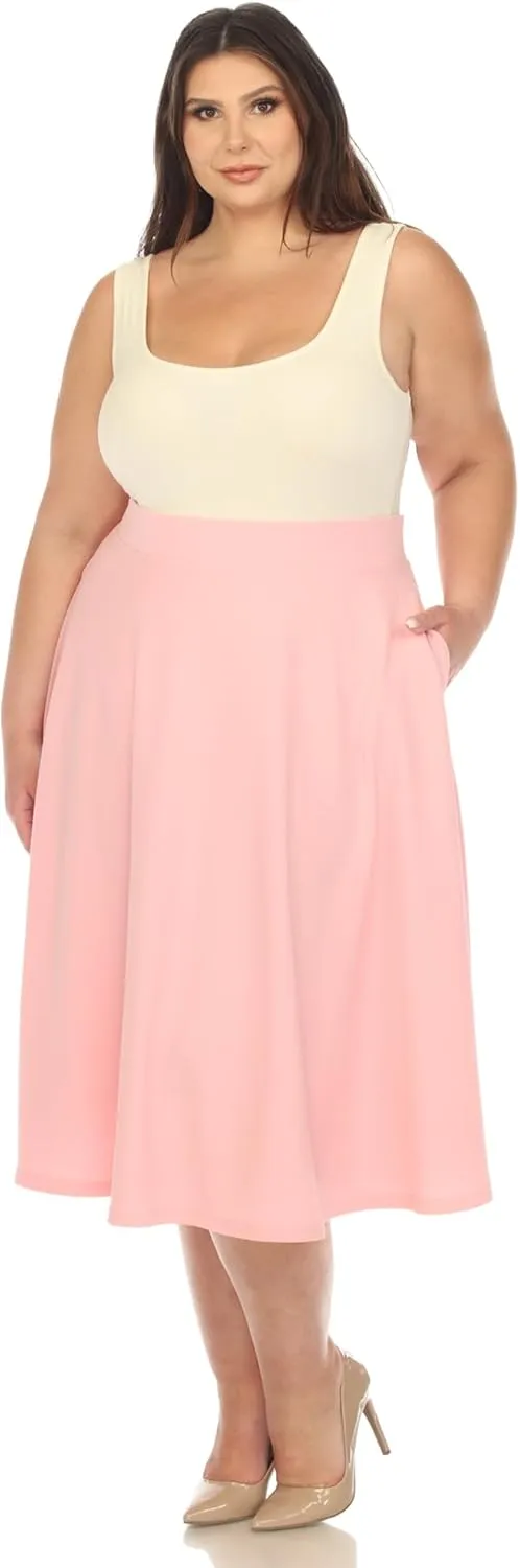 White Women's Plus Size Flared Midi Skirt with Pockets
