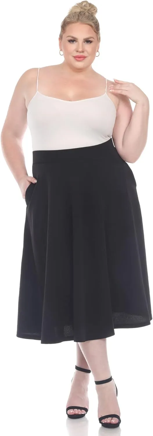 White Women's Plus Size Flared Midi Skirt with Pockets