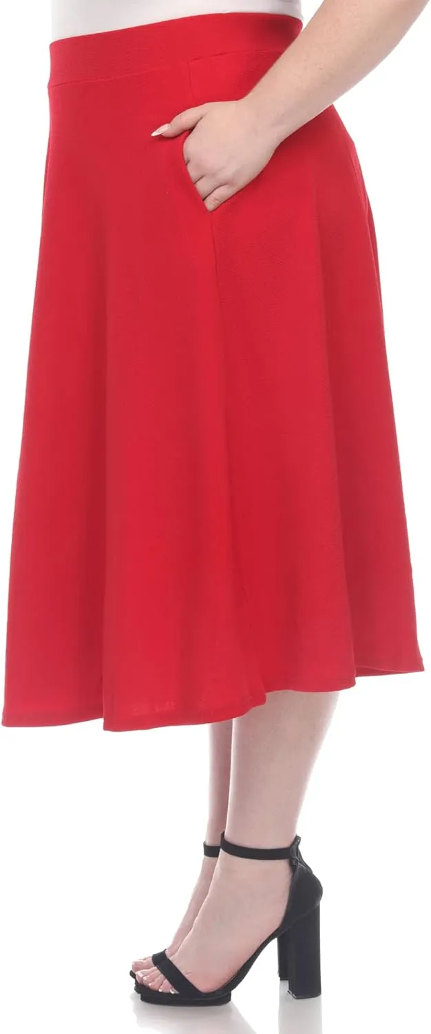 White Women's Plus Size Flared Midi Skirt with Pockets