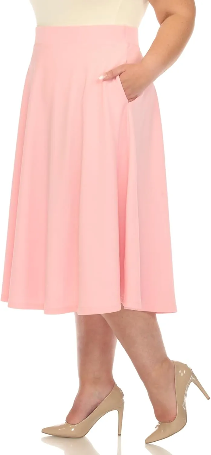 White Women's Plus Size Flared Midi Skirt with Pockets