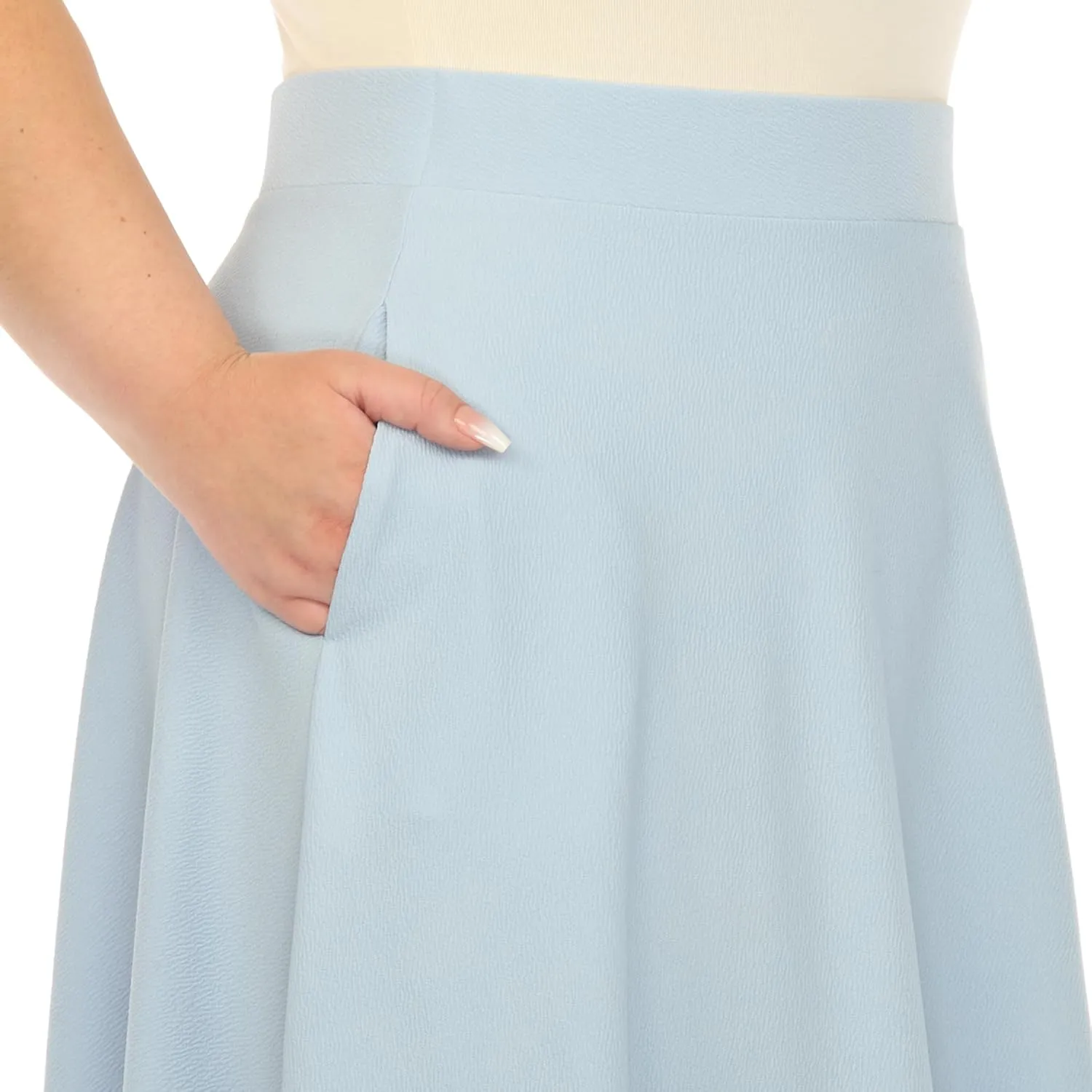 White Women's Plus Size Flared Midi Skirt with Pockets