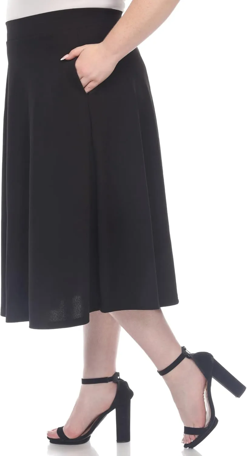 White Women's Plus Size Flared Midi Skirt with Pockets