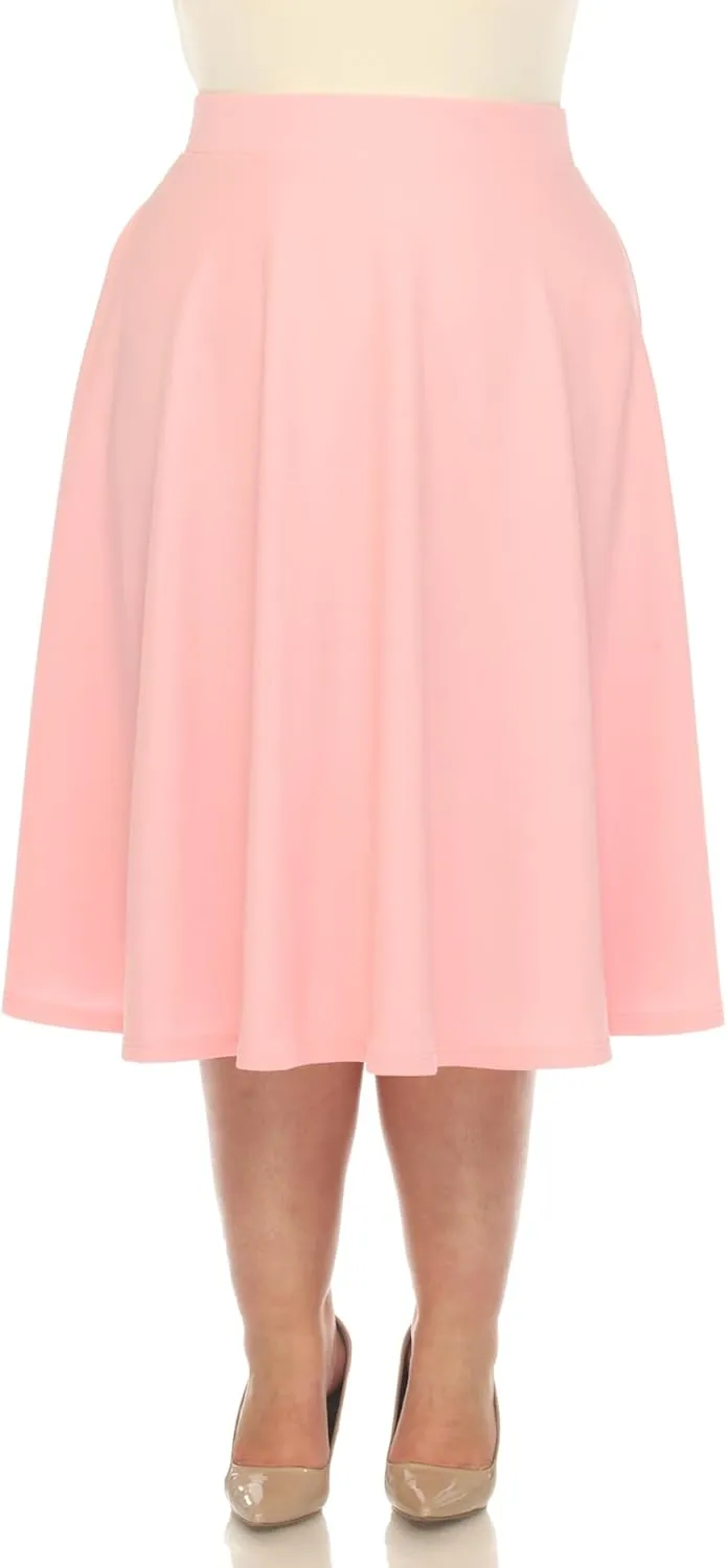 White Women's Plus Size Flared Midi Skirt with Pockets