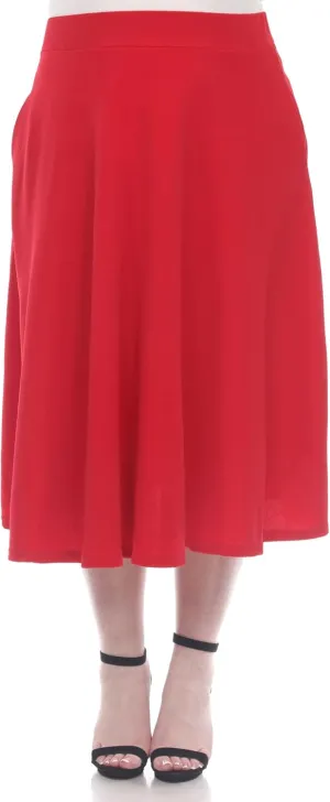 White Women's Plus Size Flared Midi Skirt with Pockets