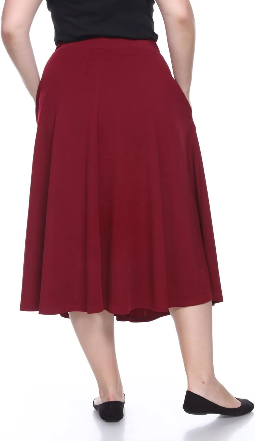 White Women's Plus Size Flared Midi Skirt with Pockets