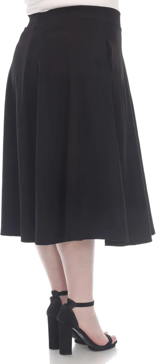 White Women's Plus Size Flared Midi Skirt with Pockets