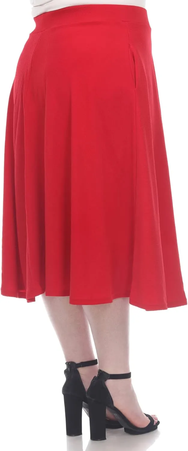 White Women's Plus Size Flared Midi Skirt with Pockets
