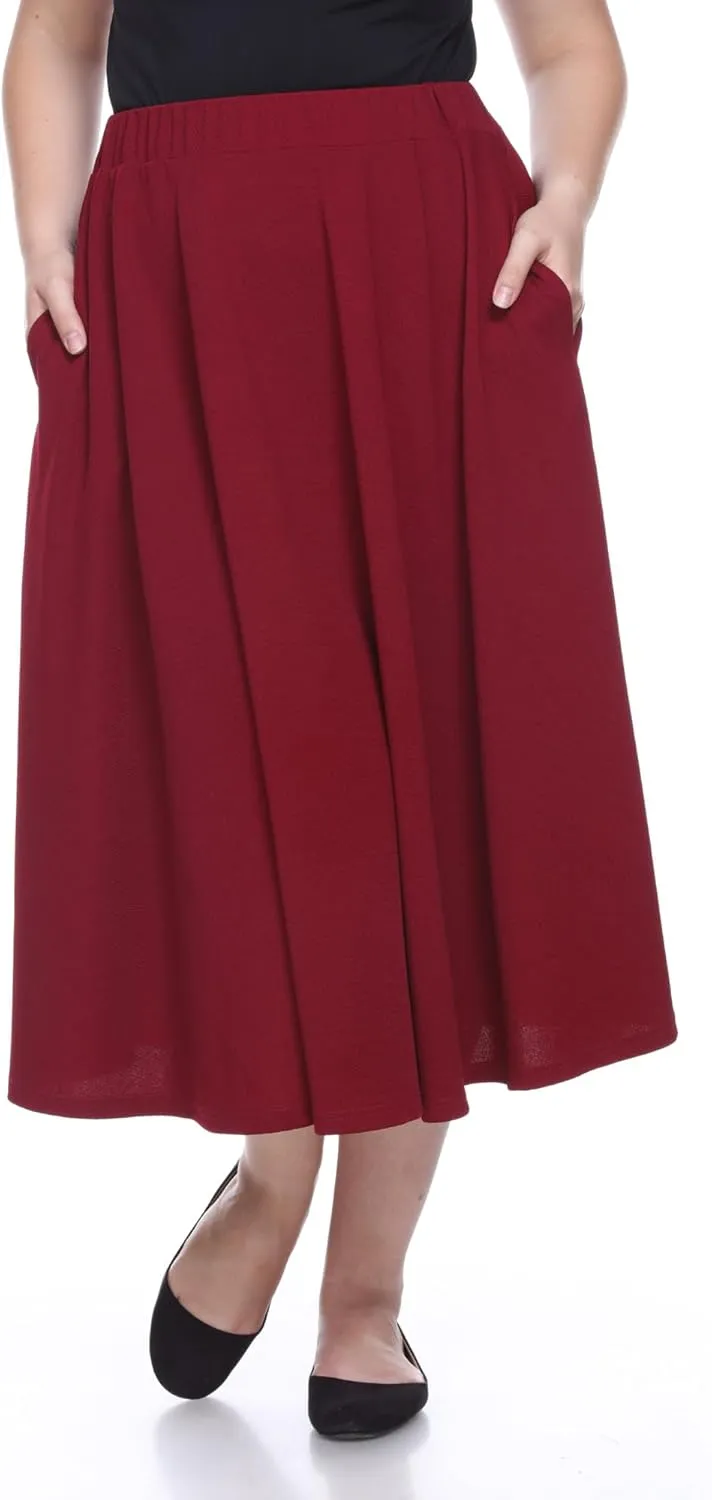 White Women's Plus Size Flared Midi Skirt with Pockets