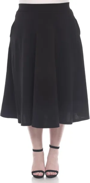 White Women's Plus Size Flared Midi Skirt with Pockets