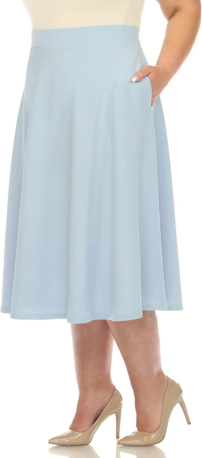 White Women's Plus Size Flared Midi Skirt with Pockets