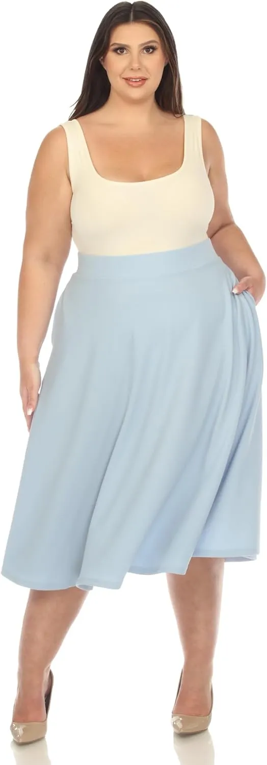 White Women's Plus Size Flared Midi Skirt with Pockets