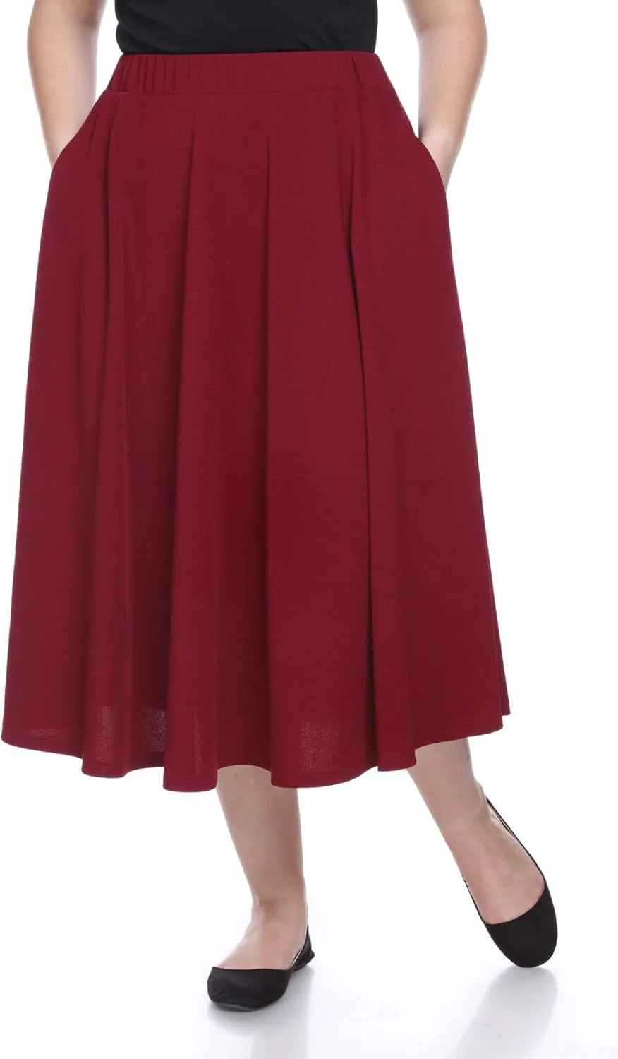 White Women's Plus Size Flared Midi Skirt with Pockets